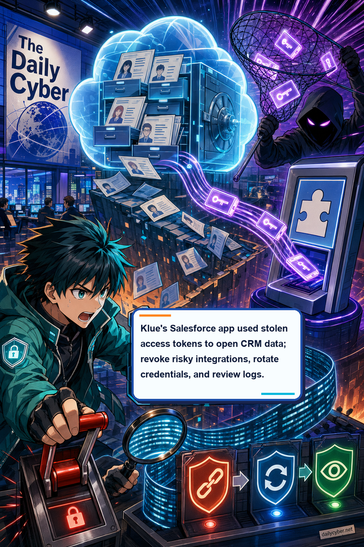 Salesforce disabled Klue’s app integration after stolen access tokens were used to reach connected CRM data. Revoke risky integrations, rotate credentials, and review API logs for bulk access.