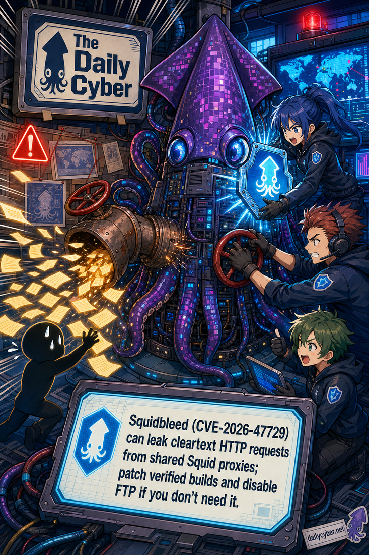 Squidbleed (CVE-2026-47729) is a 29-year-old Squid Proxy heap over-read that can leak cleartext HTTP requests in shared proxy setups. Patch verified builds and disable FTP support if it is not needed.