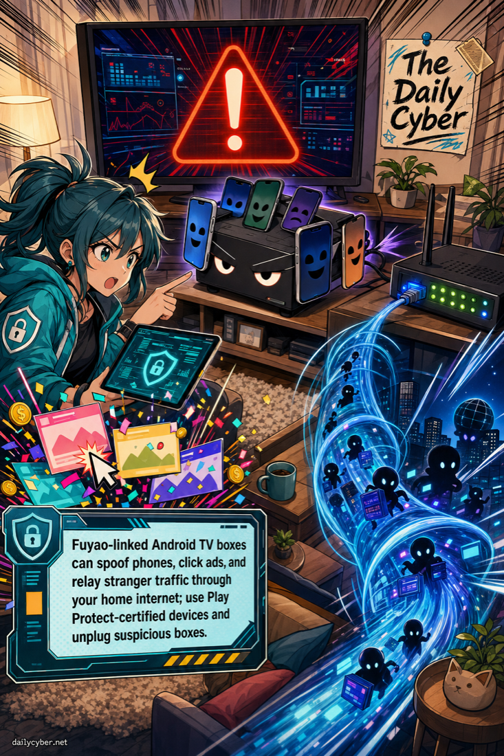 Bitsight says Fuyao-linked Android TV boxes can masquerade as phones for ad fraud and relay stranger traffic through home broadband. Use Play Protect-certified devices, review cheap TV boxes, and unplug suspicious hardware.