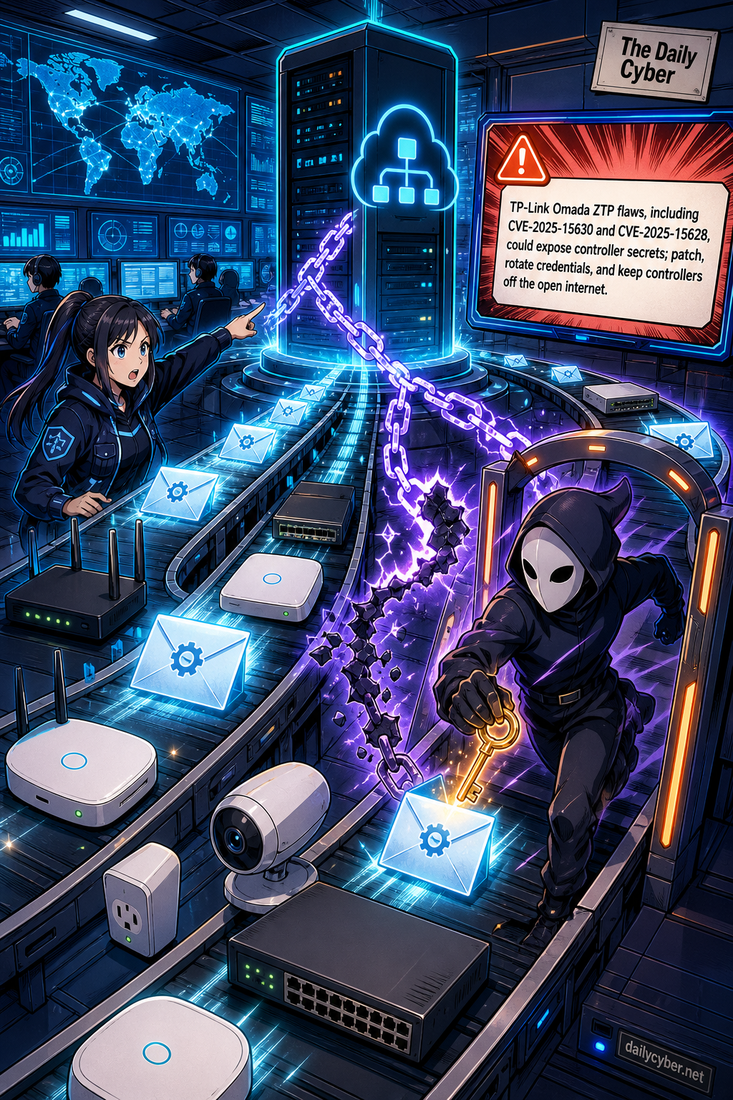 Forescout disclosed 15 TP-Link Omada zero-touch provisioning flaws that could expose controller secrets and help attackers pivot through managed network devices. Patch controllers and apps, rotate credentials, and keep Omada controllers off the open internet.