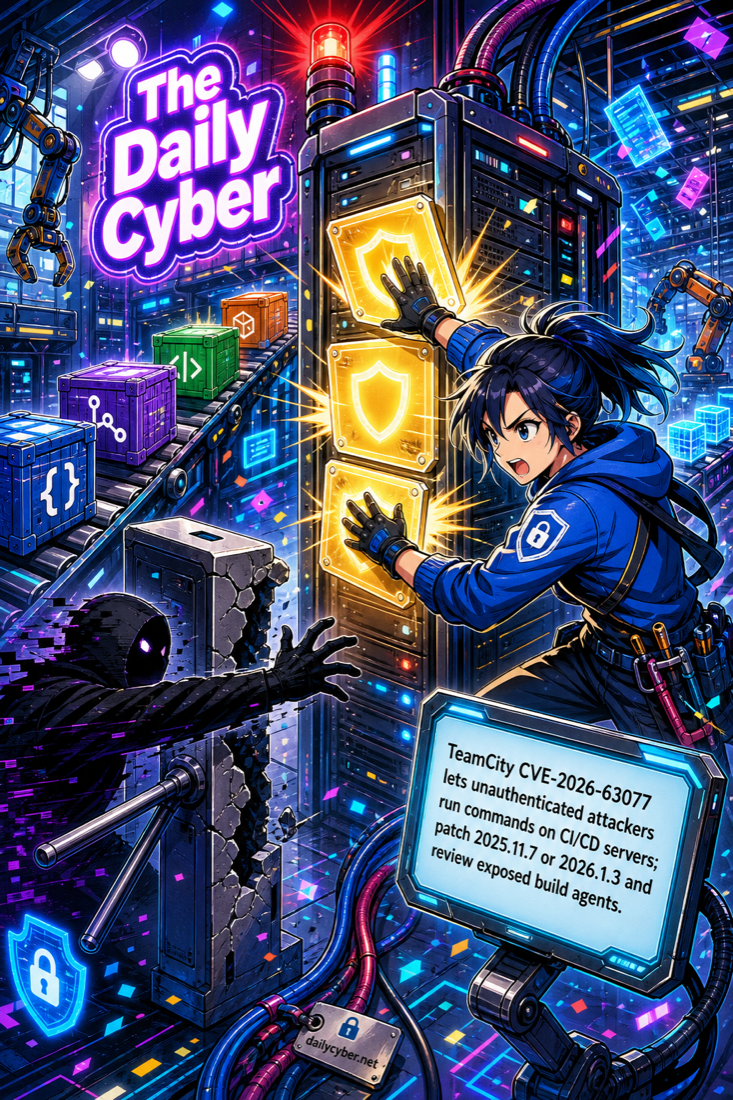 CISA says JetBrains TeamCity CVE-2026-63077 is being exploited, a critical flaw that can let unauthenticated attackers run commands on CI/CD servers. Patch to 2025.11.7 or 2026.1.3 and review exposed build agents.