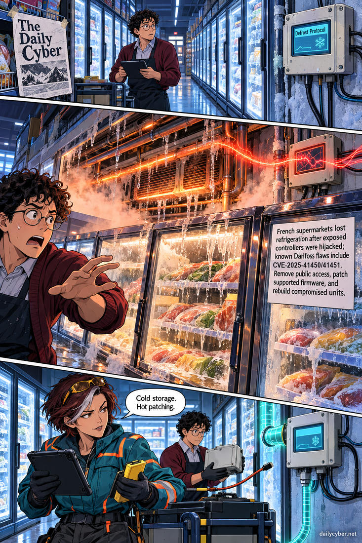 Attackers hijacked Internet-exposed refrigeration controllers across French supermarkets, forcing defrost cycles and spoiling food. Known Danfoss flaws highlight the fix: remove public management access, patch supported firmware, and rebuild compromised units before reconnecting.