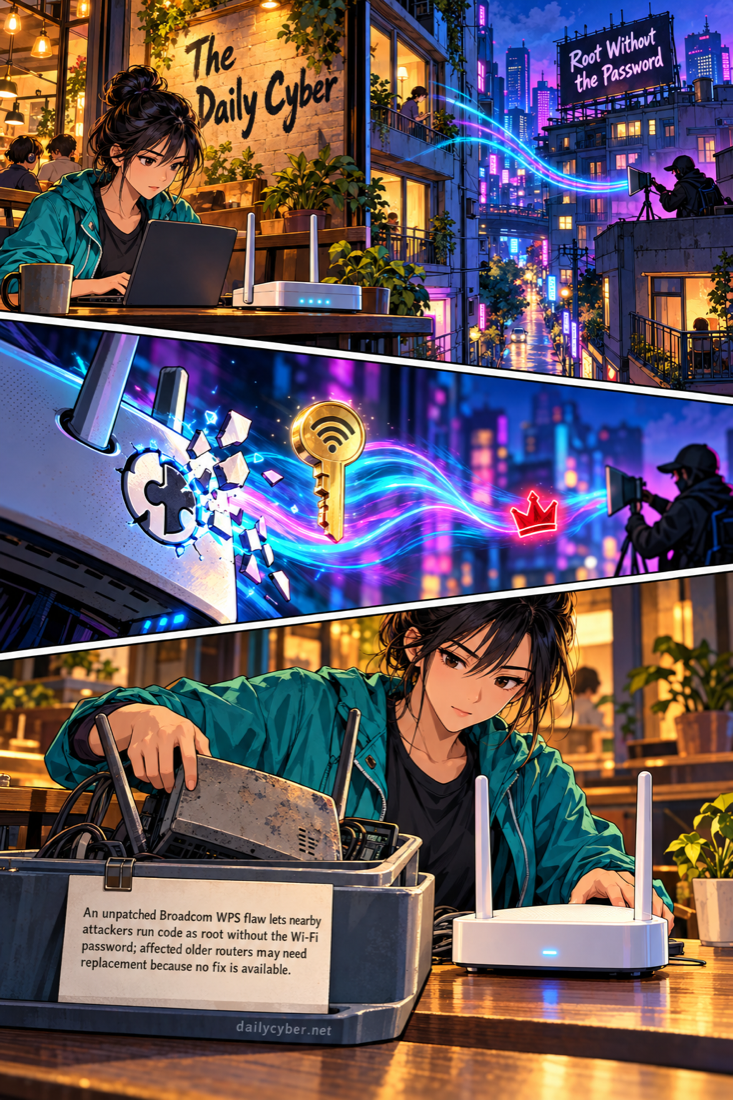 A newly disclosed Broadcom WPS flaw can let nearby attackers run code as root without the Wi-Fi password; no CVE or active exploitation has been reported, and defenders should identify affected routers and replace older unfixable models.